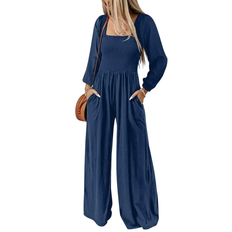 Women's Wide Leg Jumpsuit - Long Sleeve Loose Fit Overalls with Pockets