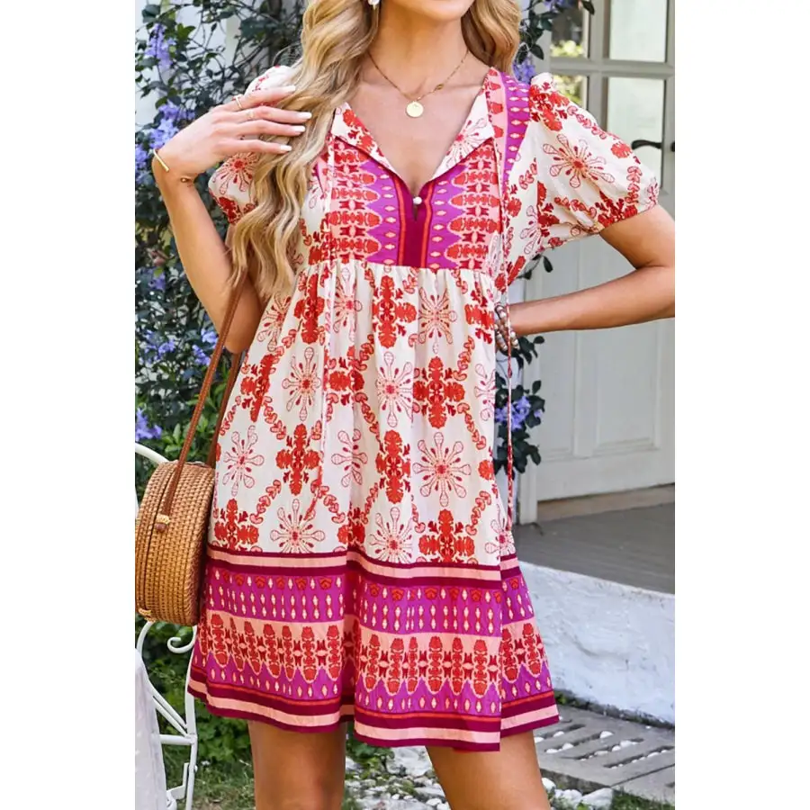 Boho Short Sleeve Tie Neck Mini Dress