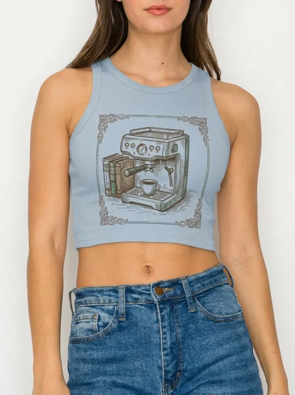 Women's Coffee Lover Books Espresso Machine Printed Crop Top