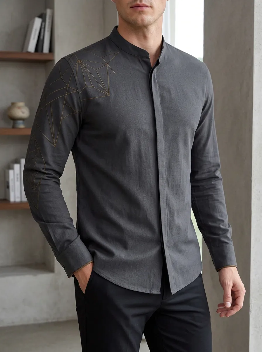 Men's Geometric Line Art Printed Slim Fit Mandarin Collar Shirt