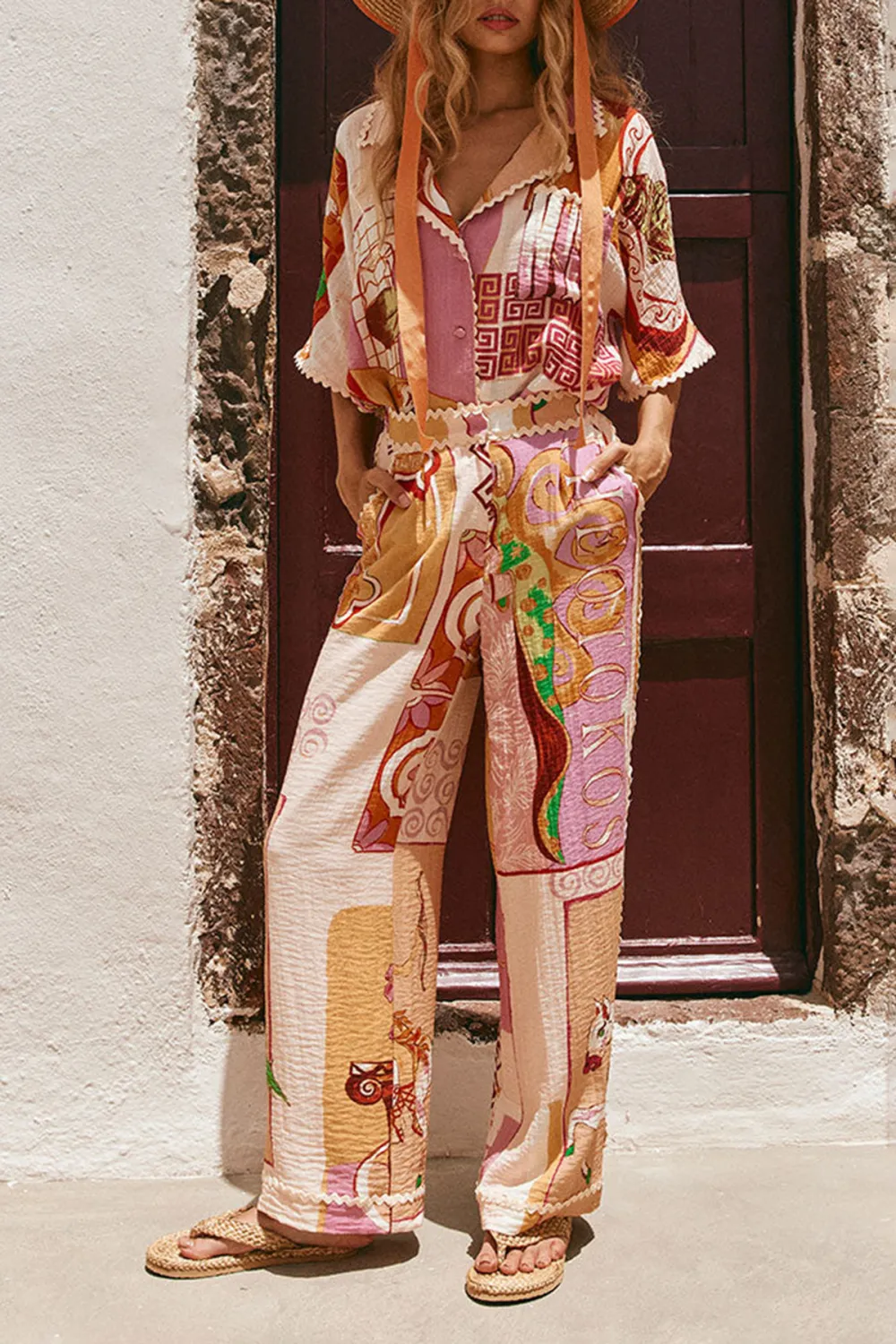 Colorful Patterned Short Sleeve Blouse