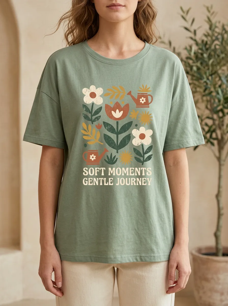 Women's Gardening Floral Watering Can Print Classic Crew Neckline Ribbed T-Shirt