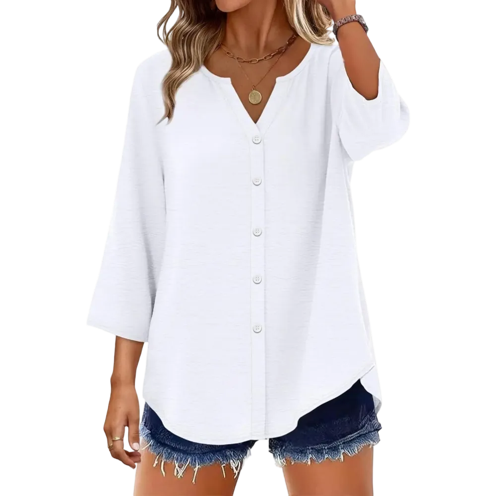 🔥 Women's 3/4 Sleeve V-Neck Button Down Blouse | Loose Fit Casual Tops