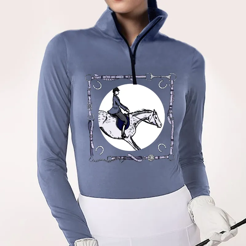 Women's Riding Style Horse Rider Print Long Sleeve Casual Shirt