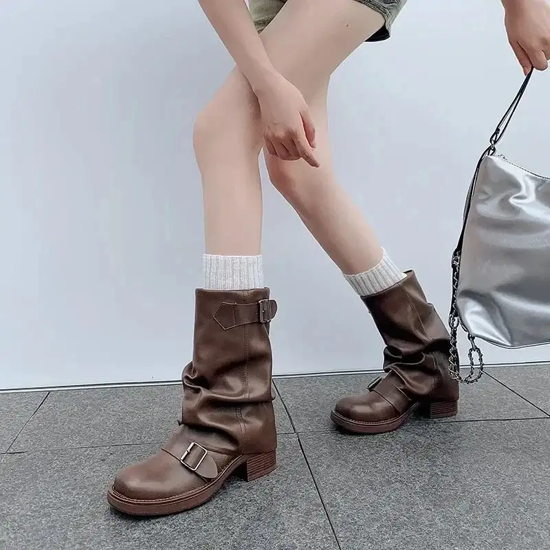 Leather Riding Buckle-Detail Knee-High Boots