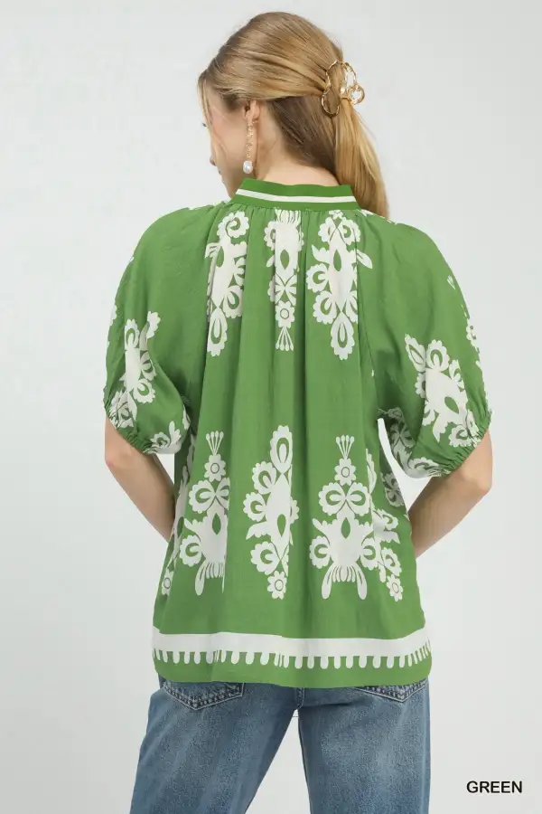 Boho Print Split-Neck Ruched Short Sleeve Artistic Top