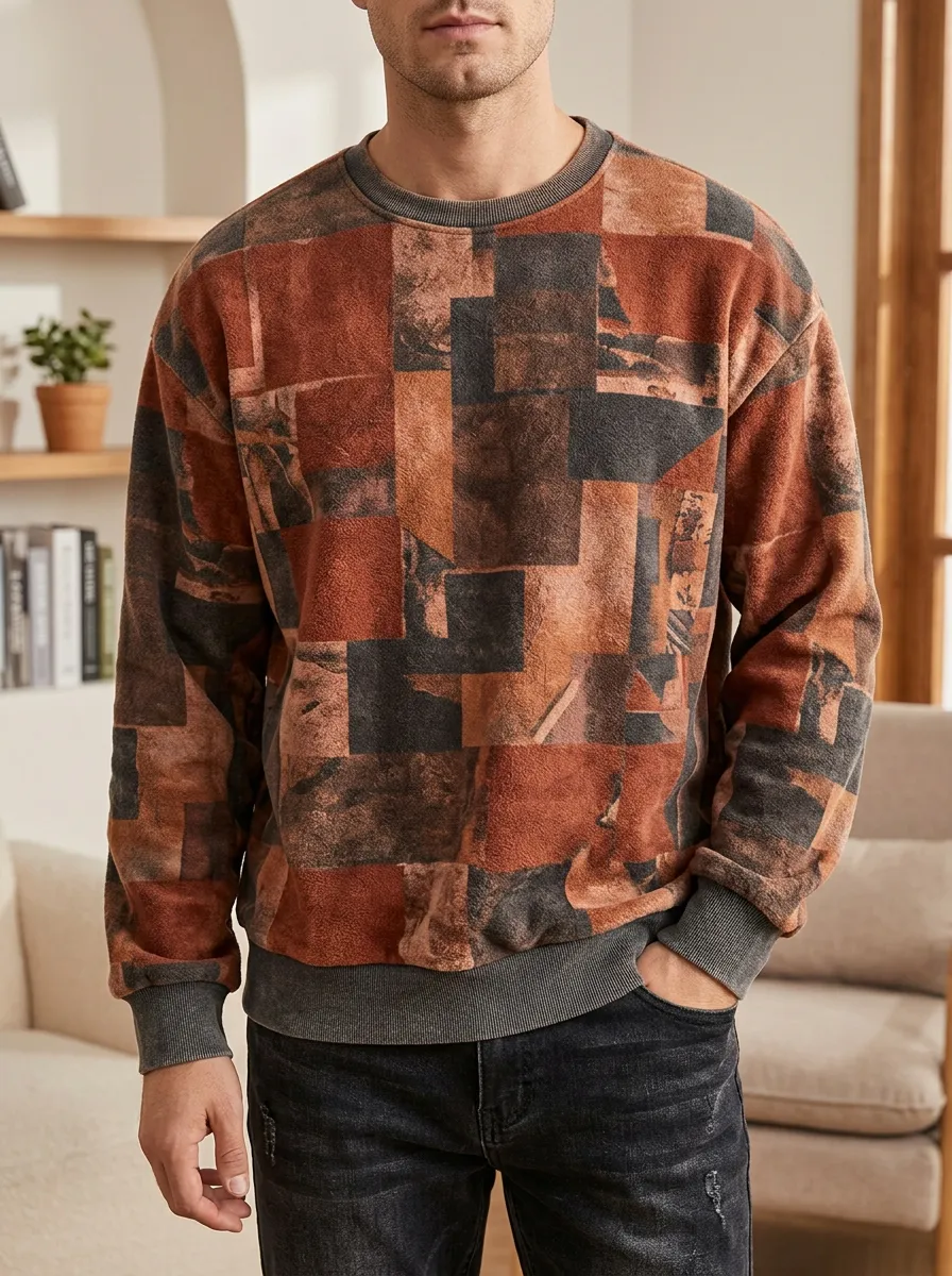 Men's Rust Geometric Print Crewneck Sweatshirt Hiking