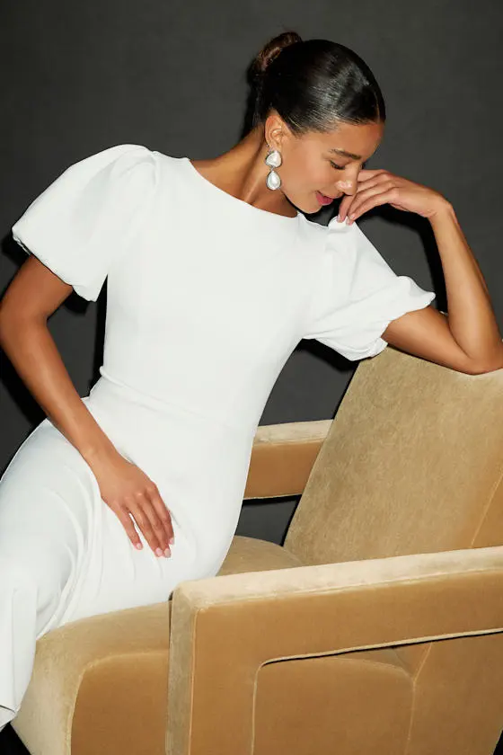 Simply Beloved White Puff Sleeve Bodycon Midi Dress