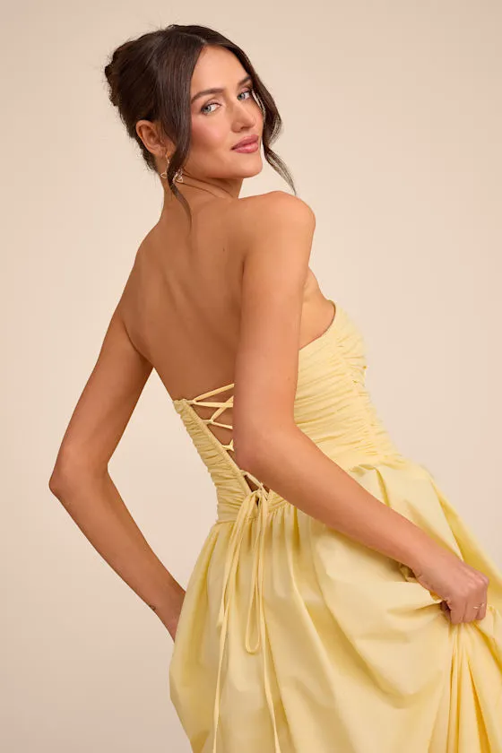 Marilou Light Yellow Strapless Ruched Lace-Up Maxi Dress