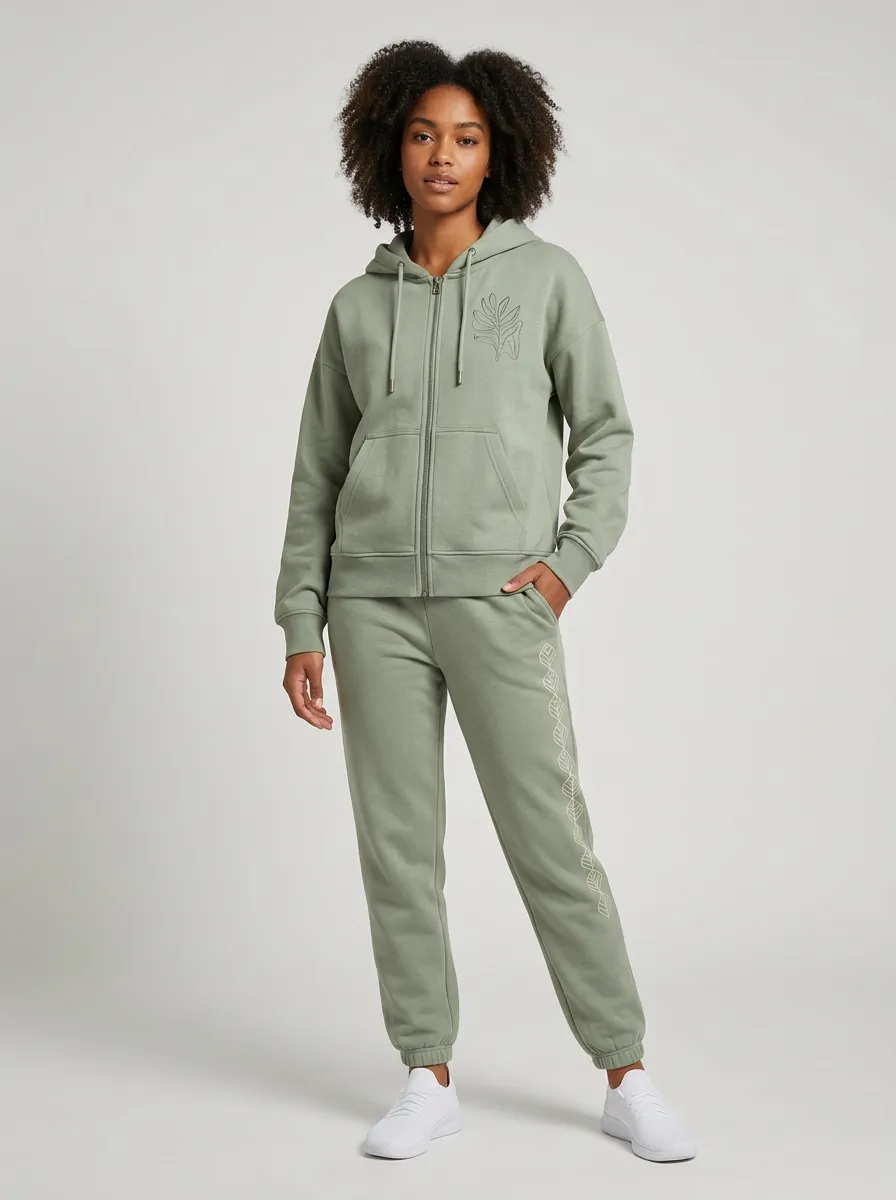 Women's Sage Green Relaxed Fit Zip-Up Hoodie Jacket & Jogger Set