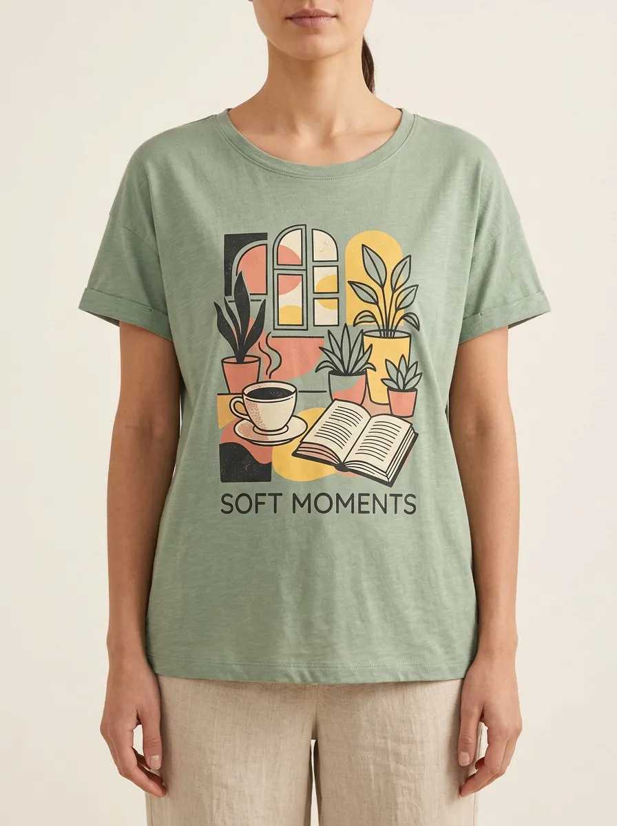 Women's Coffee Book Plant Soft Moments Print T-Shirt