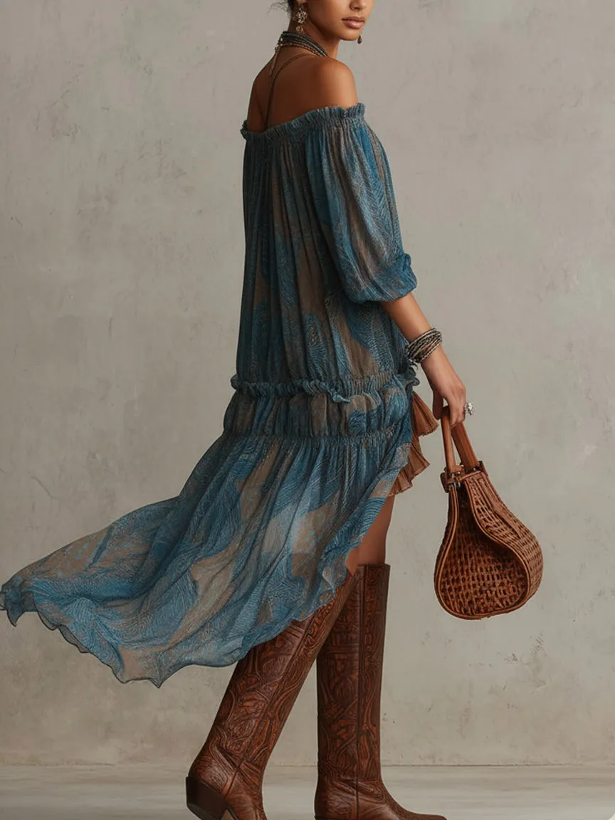 Bohemian Off Shoulder Ruffled Sheer High Midi Dress