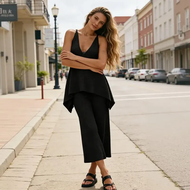 Women's Deep V-neck Flowy Camisole Knit Set