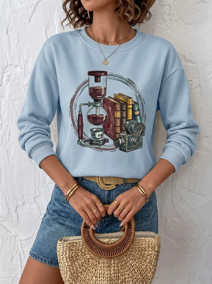 Women's Coffee Book Lover Siphon Camera Printed Sweatshirt