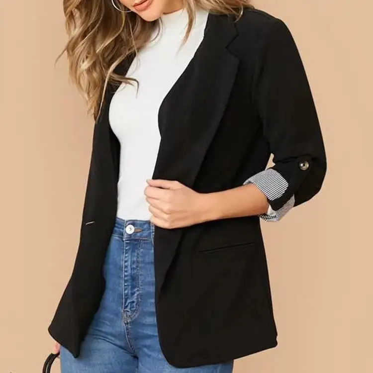 Lapel Collar Roll Tab Sleeve Blazer