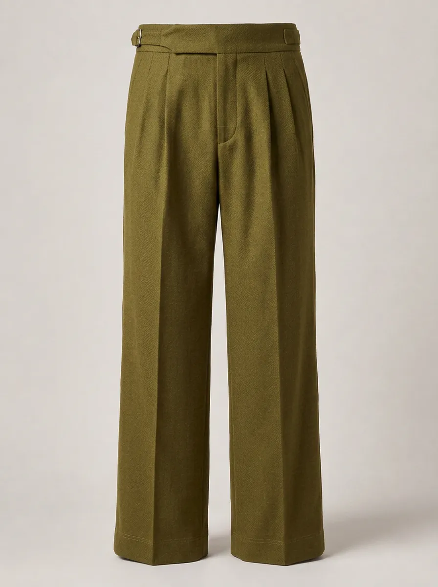 Men's Olive Green Pleated Side-Buckle Wool Trousers