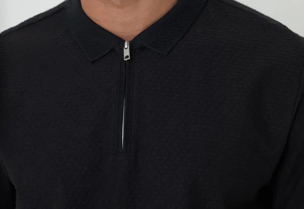 Men's Black Textured Quarter-Zip Polo Shirt