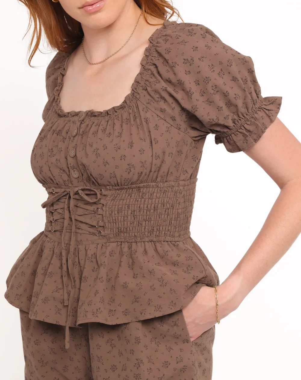 Wide-Leg Pocket Ruffled Short-Sleeve Floral Jumpsuit