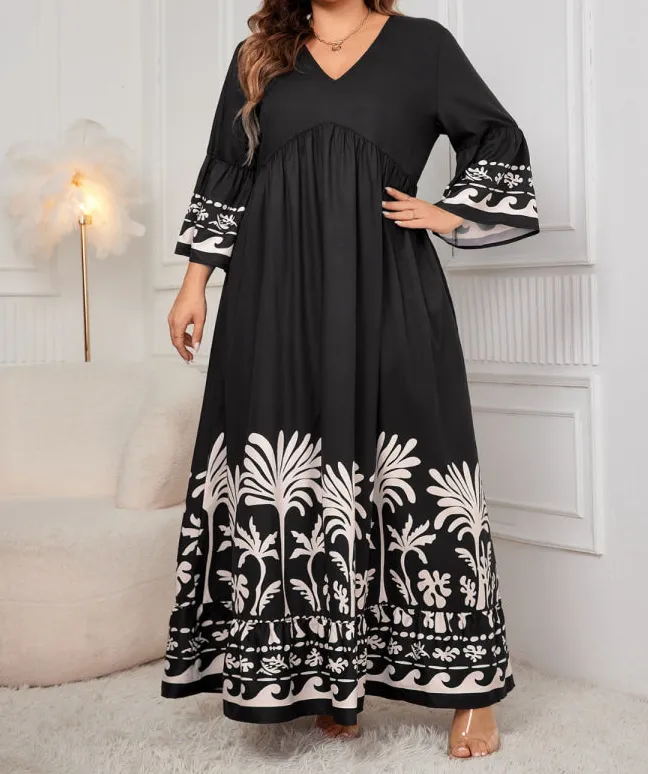 Plus Size Printed V Neck Long Sleeve Maxi Dress