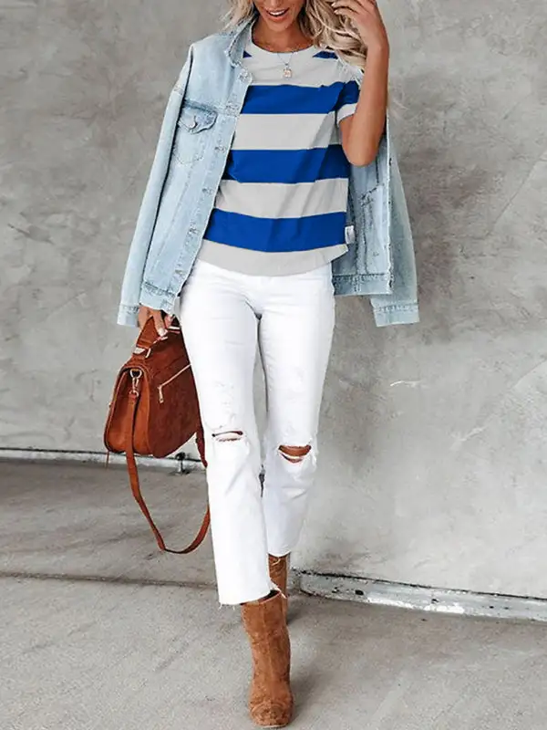 Round-Neck Short-Sleeve Knit Striped T-Shirt