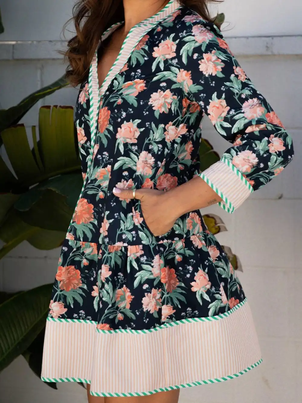 Print Trim V Neck Long Sleeve Ruffle Hem Shift Mini Dress