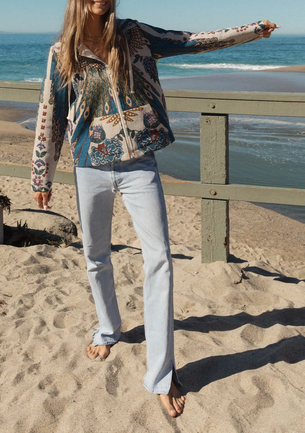 Drawstring Printed Zip Up Hoodie