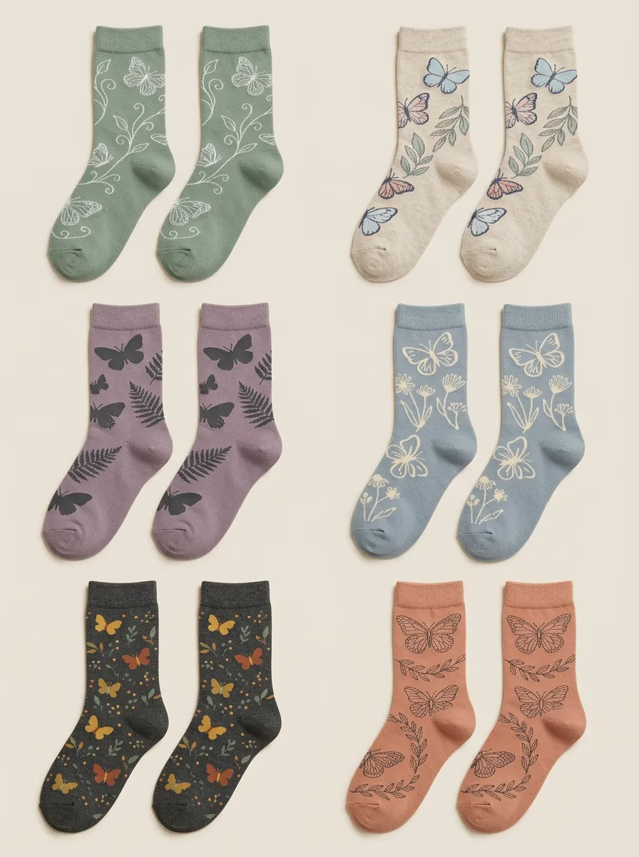 Women's Butterfly Botanical Ribbed Crew Socks Six Pair Set