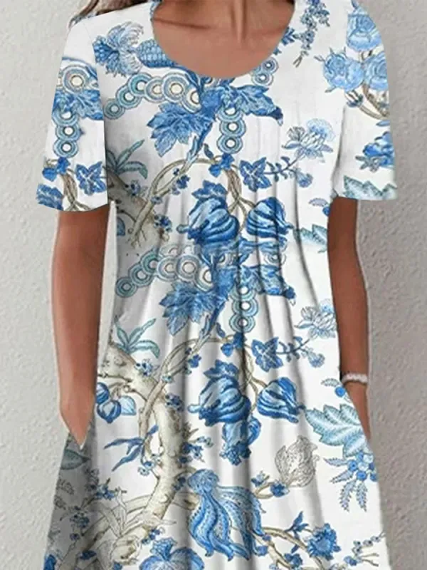 Round Neck Loose Floral Print Summer Short Sleeve Midi Dress