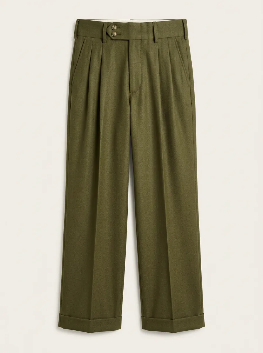 Men's Olive Green Pleated Wool Blend Dress Trousers