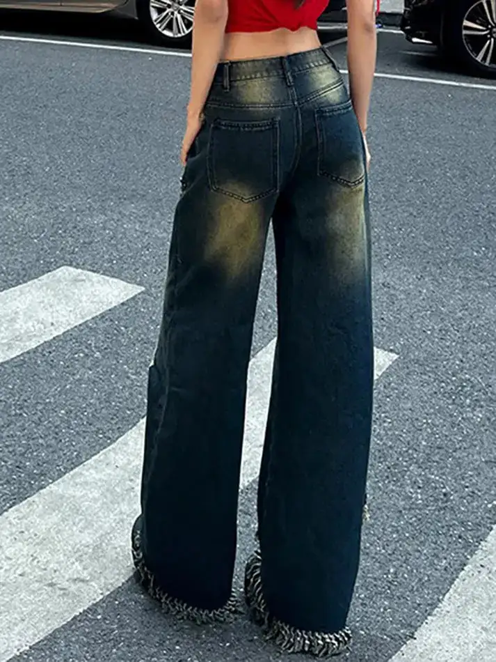 Star Rhinestone Gradient Low Waist Loose Jeans