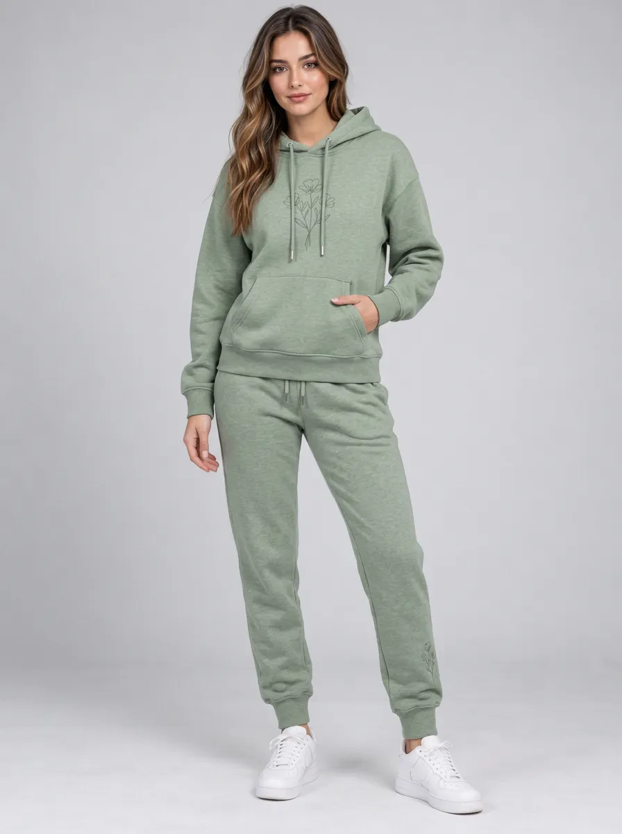 Women's Sage Green Relaxed Fit Solid Hoodie & Pants Set