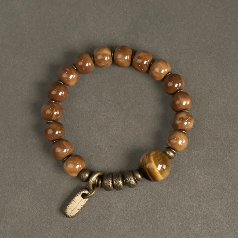 Kuka Seed Tiger Eye Obsidian Brass Copper Bracelet