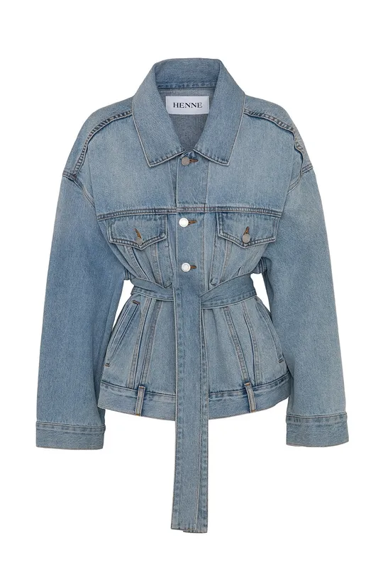 Light Wash Tie Waist Denim Jacket