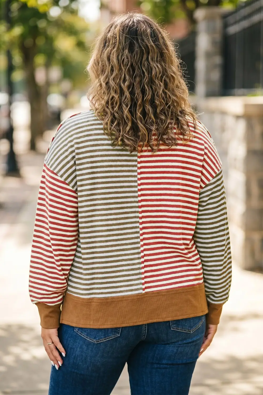 Striped V Neck Ribbed Oversized Stretch Fabric Long Sleeve Top