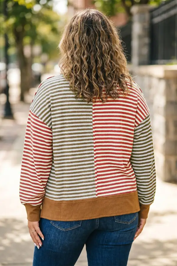 Striped V Neck Ribbed Oversized Stretch Fabric Long Sleeve Top