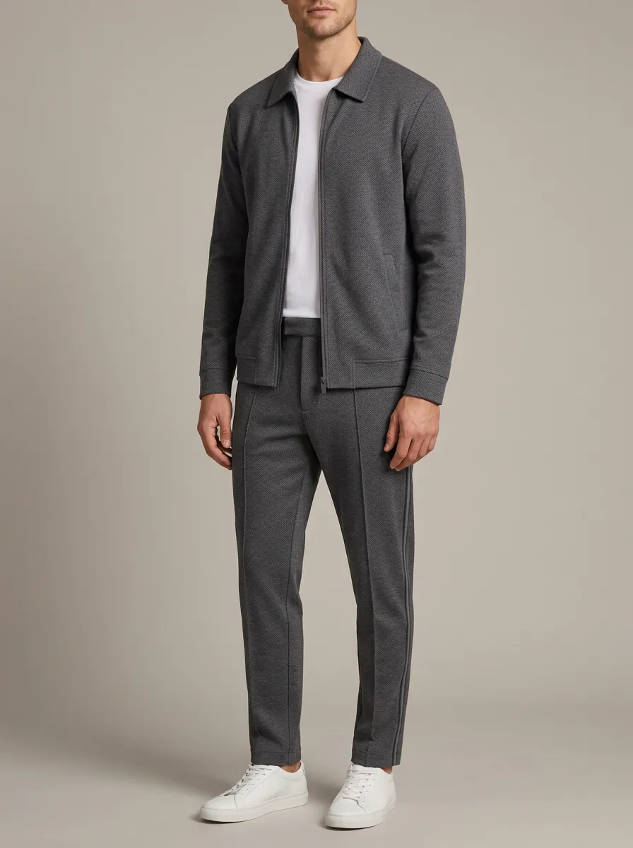 Men's Classic Textured Zip-Up Minimal Polo Collar Jacket and Jogger Pants Set