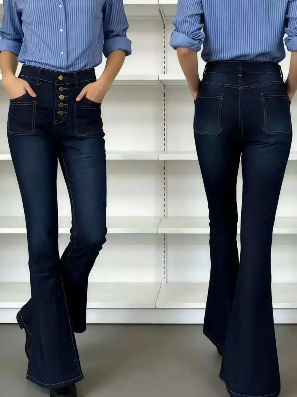 Versatile High Waist Flare Leg Button Denim Jeans