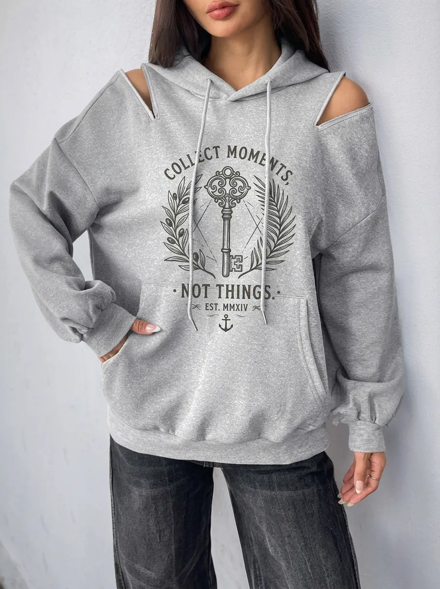 Women's Vintage Key Quote Graphic Cold-Shoulder Hoodie