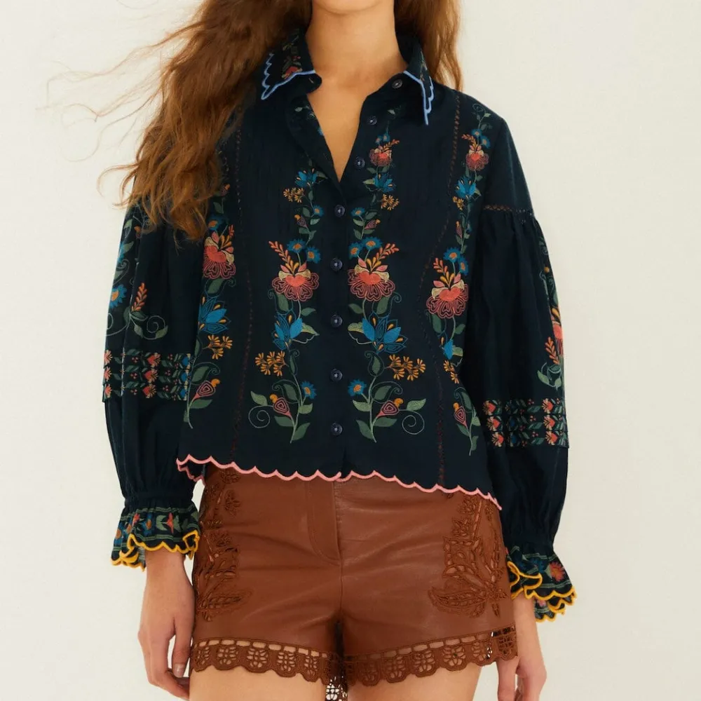 Classic Embroidered Long-Sleeve Button-Front Blouse
