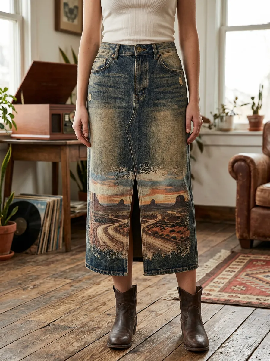 Women's Cactus Desert Print Denim Midi Skirt
