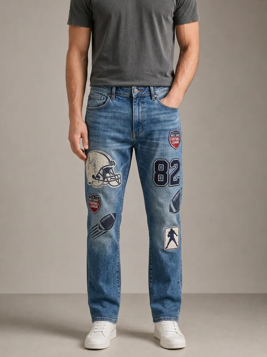 Men's American Football Fan Helmet Number 82 Printed Jeans