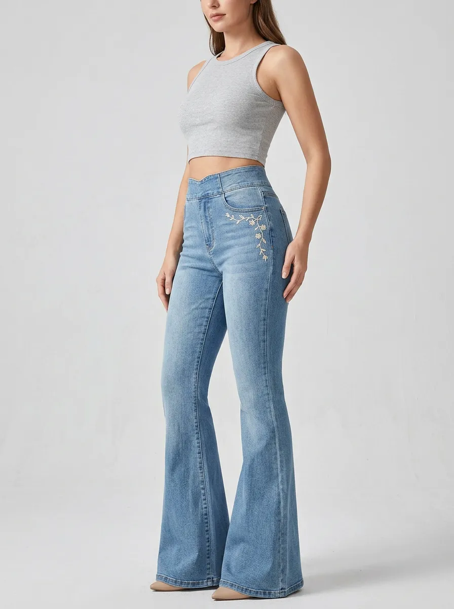 Women's Vintage Inspired Floral Embroidered Print High Rise Flare Jeans