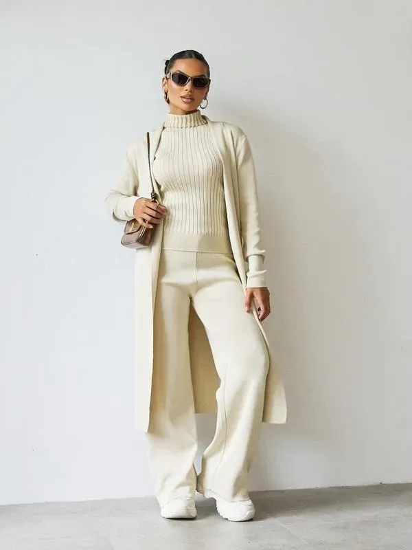 Trendy Knit Turtle Neck Tank & Wide Leg Trousers With Open-Front Long Cardigan Three-Piece Sets