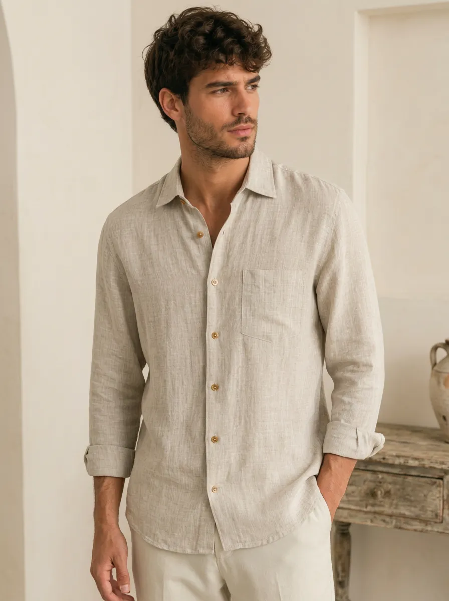 Men's Beige Button-Down Long Sleeve Shirt