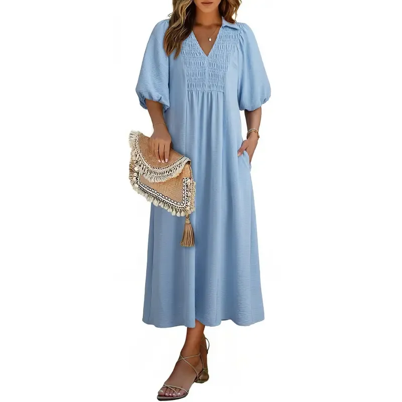 Casual V-neck puff-sleeve high-waist A-line long summer dress