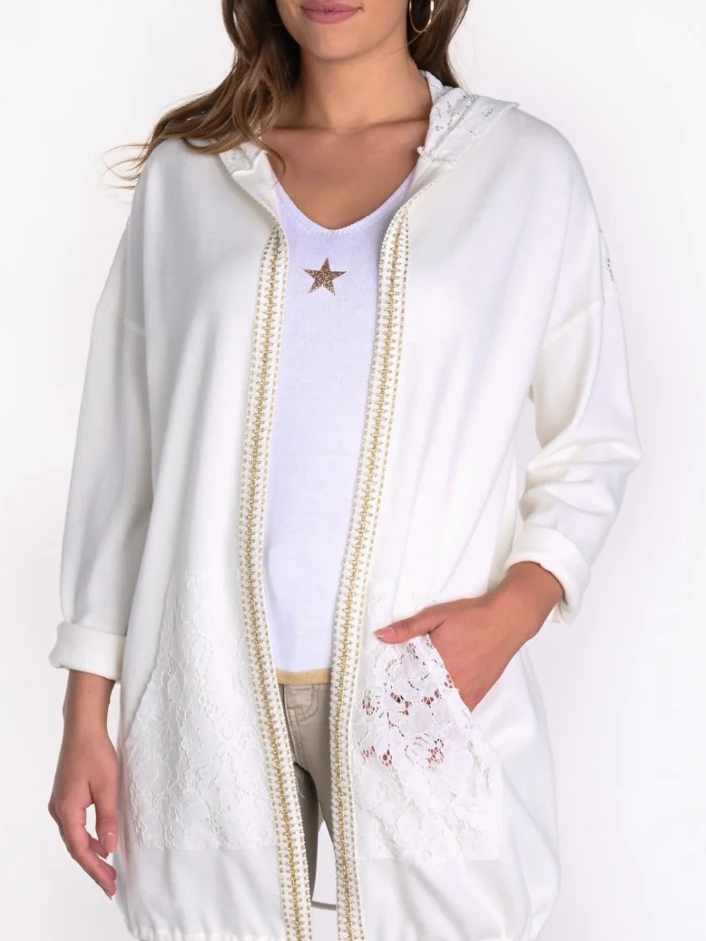 Embroidered White Hooded Cardigan