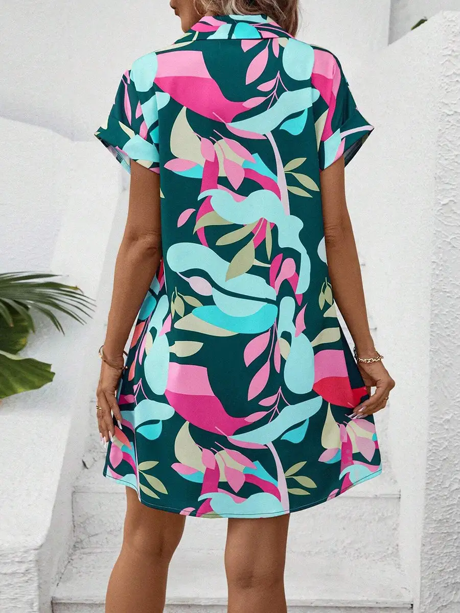 Short Sleeve Buttoned Contrast Color Printed Lapel Mini Dress Shirt Dress