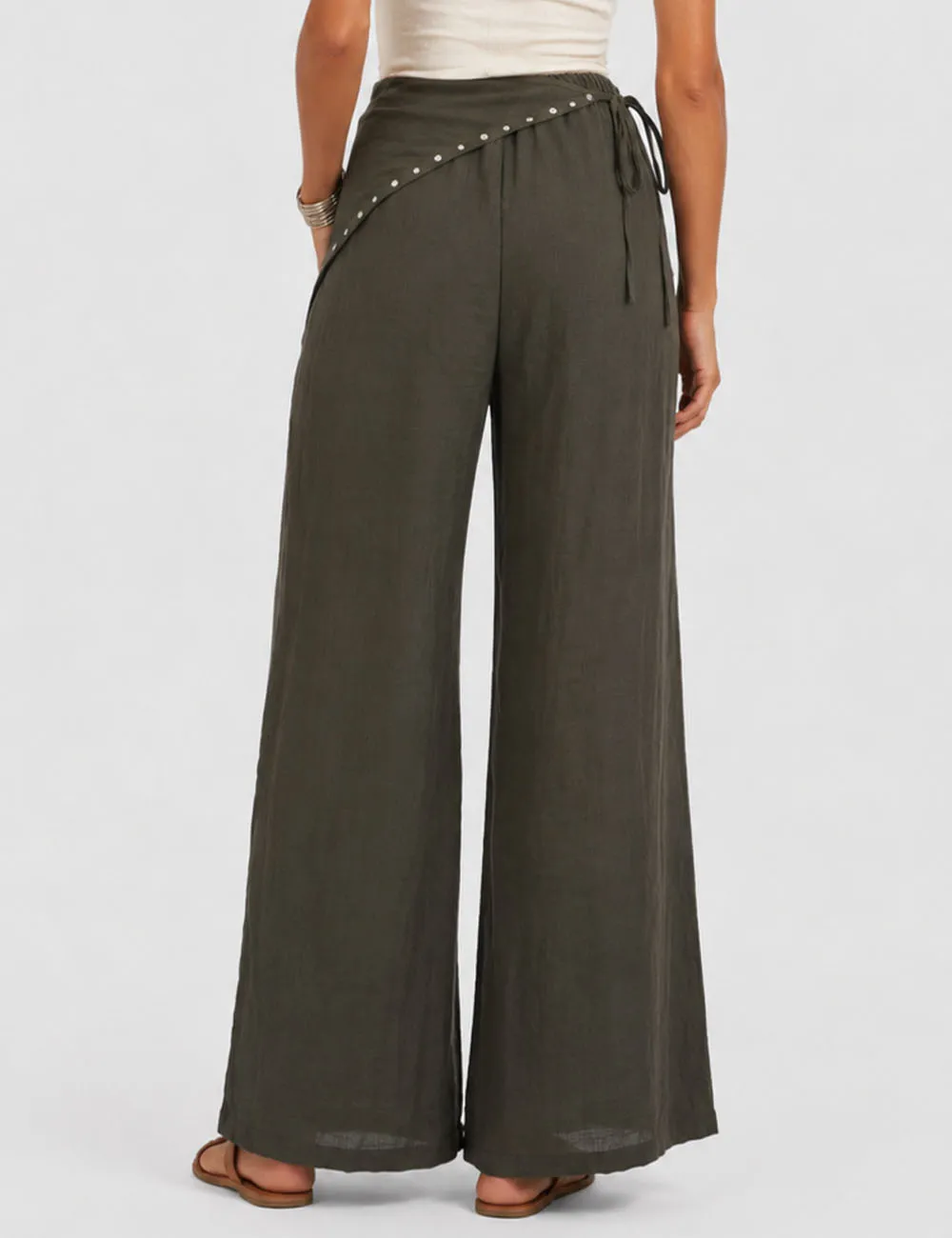 Detachable Studded Wrap Belt Wide Leg Pants