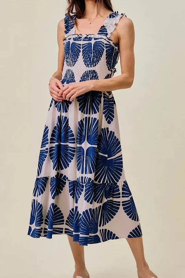 Abstract Print Smocked Bodice Tiered Lined Midi Dress
