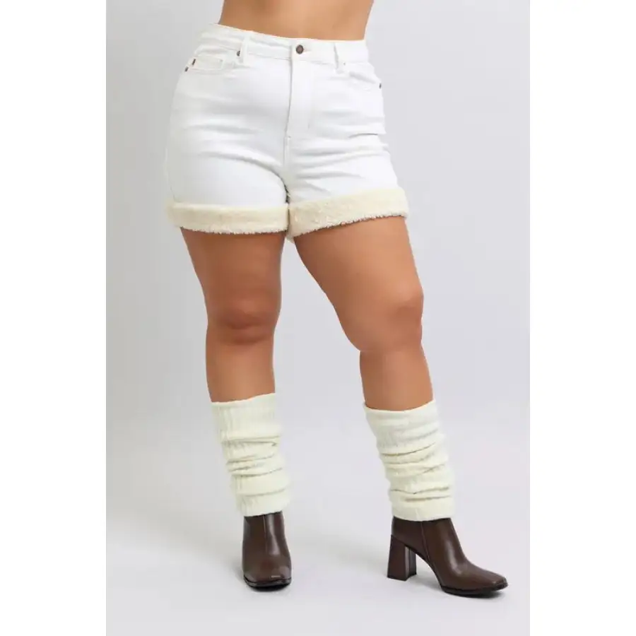 Full Size High Waist Shearling Cuff Denim Shorts Plus Size